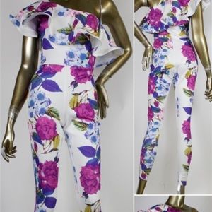 One shoulder floral fitted jumpsuit